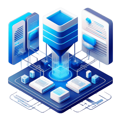 Isometric illustration of a data stack funneling information onto various stacks of paper on a blue platform