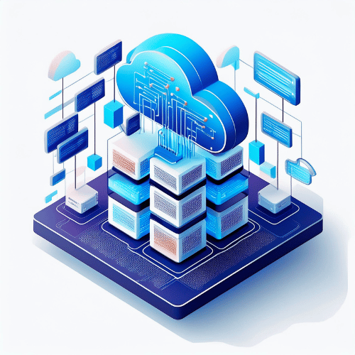 An isometric illustration of three data stacks feeding information to and from a cloud through neural networks surrounded by display screens with data