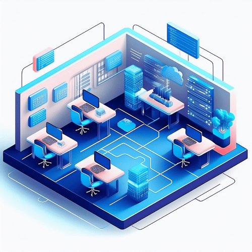 Isometric illustration of a classroom on a platform with four desks, each with an empty chair and desktop, and data matrices in the background