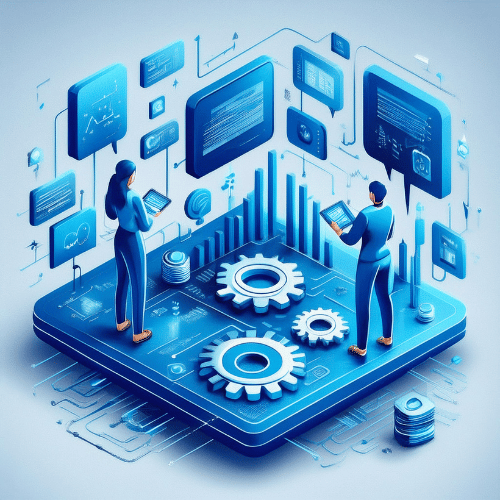 Isometric illustration of two people standing on a blue platform surrounded by cogs and display screens showing data