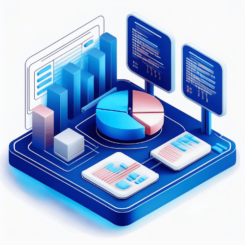 Isometric illustration of a blue platform with a pie chart and graphs, as well as screens of different sizes displaying various information