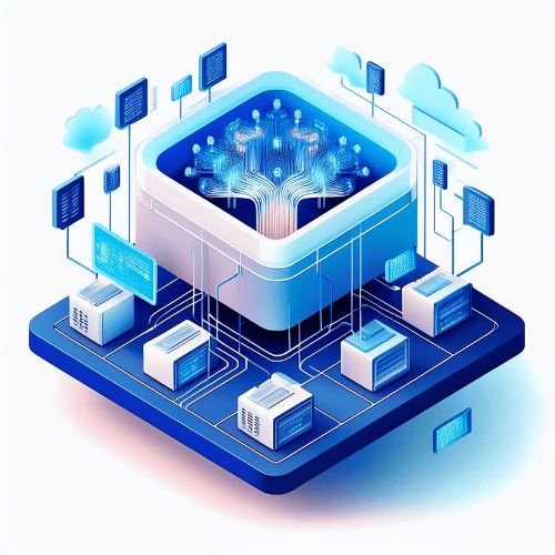 Isometric illustration of a neural network in a square box surrounded by cloud icons, digital displays, and data stack on a blue floating platform