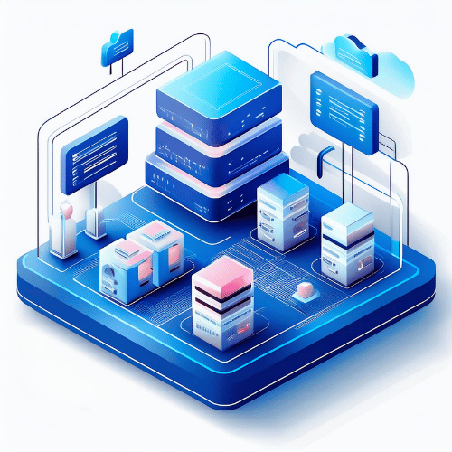 Isometric illustration showing a data stack connected to several servers and display screens on a blue platform