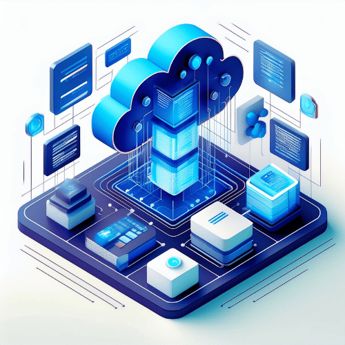 Isometric illustration of a data stack connected to a cloud with neural networks and then displaying the information on display units on a platform