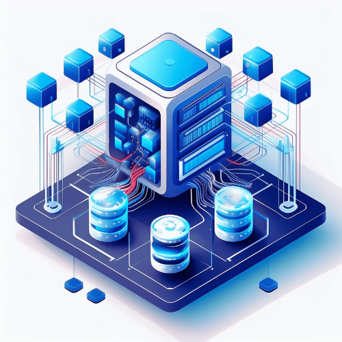 Isometric illustration showing a machine positioned in the middle of a platform connected to data banks and data silos with neural networks and cables