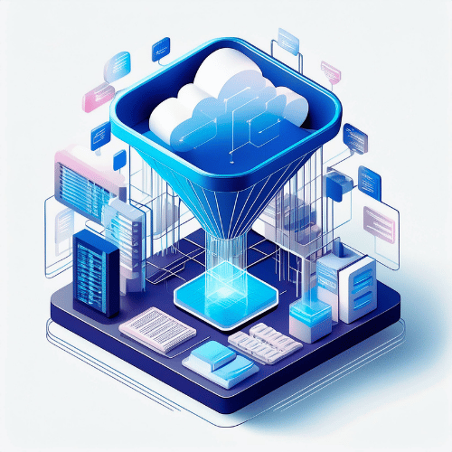Isometric illustration of a funnel with a cloud being funneled for data integration and quality on a blue platform with data points