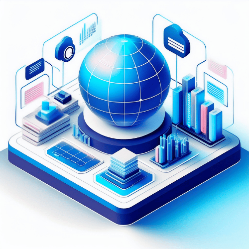 Isometric illustration of an Artificial Intelligence Orb surrounded by data points and graphs on a blue platform