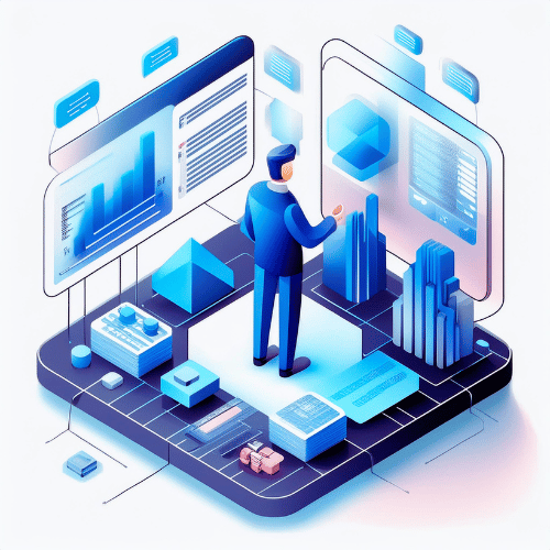 An isometric illustration of a man standing on a platform surrounded by data on screens with bar graphs and technology on a blue platform.