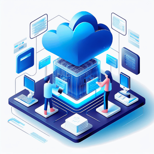 An isometric illustration showing two people interacting with a data silo and cloud services on a blue platform