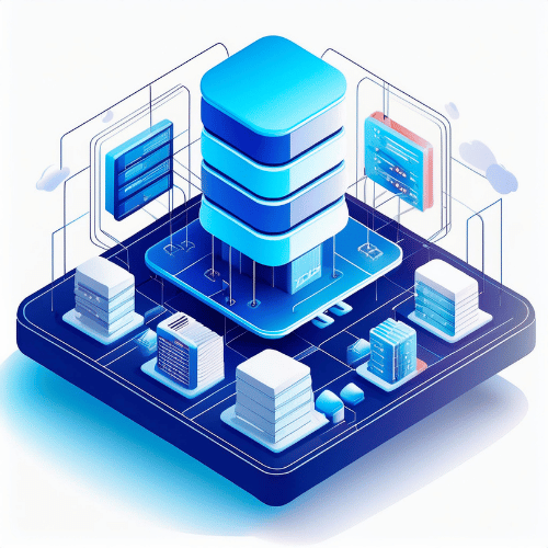 Isometric illustration of a data warehouse interconnected with smaller data stacks on a blue platform