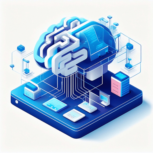 Isometric illustration of an artificial brain connecting with data hubs and stacks on a blue platform