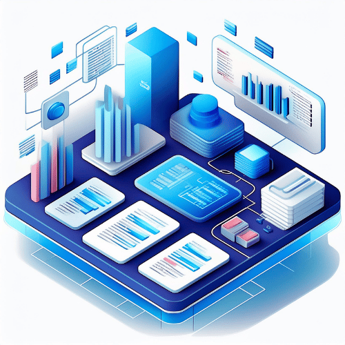 Isometric illustration of financial reporting, featuring bar graphs and screens displaying data on a blue hovering platform
