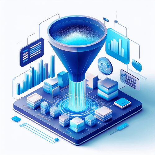 Isometric illustration showing a data funnel channeling content towards data hubs, with bar graphs and display screens in the background